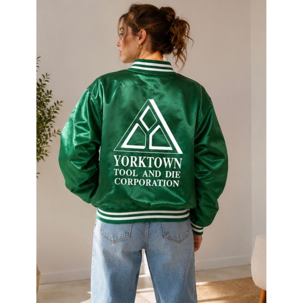 Vintage 80s Green Satin Varsity Bomber Jacket Streetwear Blockcore XL Made USA
